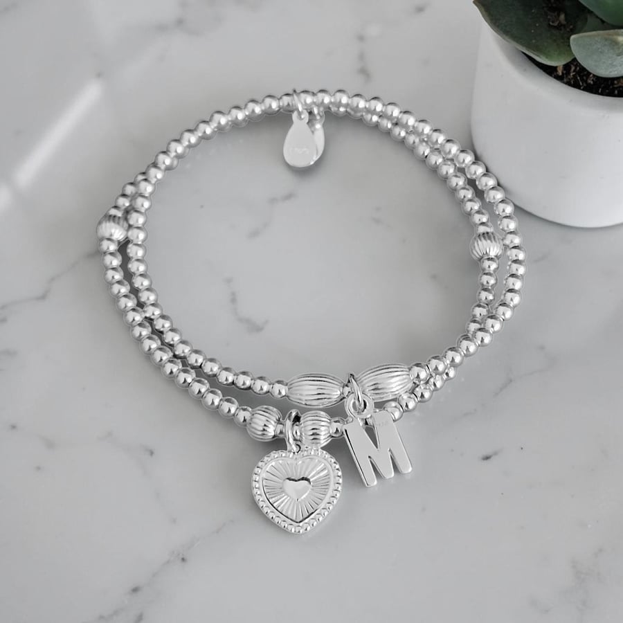 Sterling Silver Initial and Heart Charm Personalised Stretch Stacking Bracelets