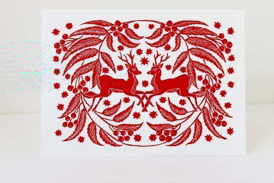 Pack of two Red Deer lino print Christmas cards