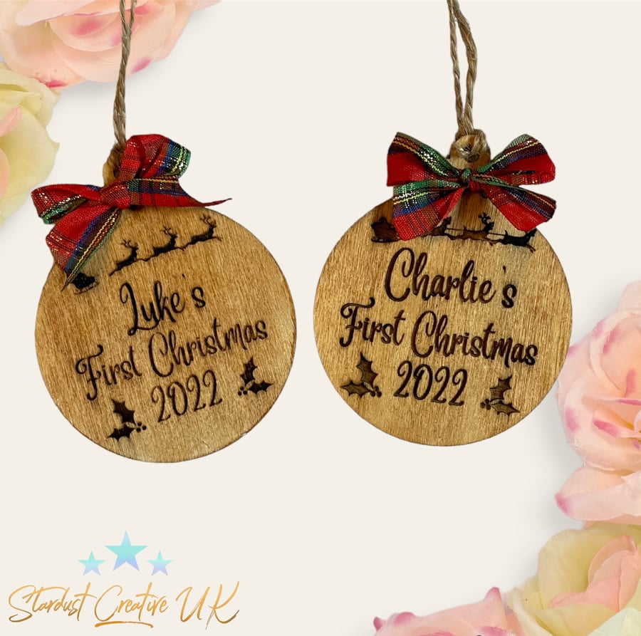 Personalised wooden bauble Christmas tree decoration. Rustic Xmas ornament.