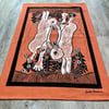 "Leap for Joy" tea towel - rabbit screen print in terracotta and black inks