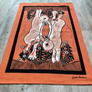 "Leap for Joy" tea towel - rabbit screen print in terracotta and black inks