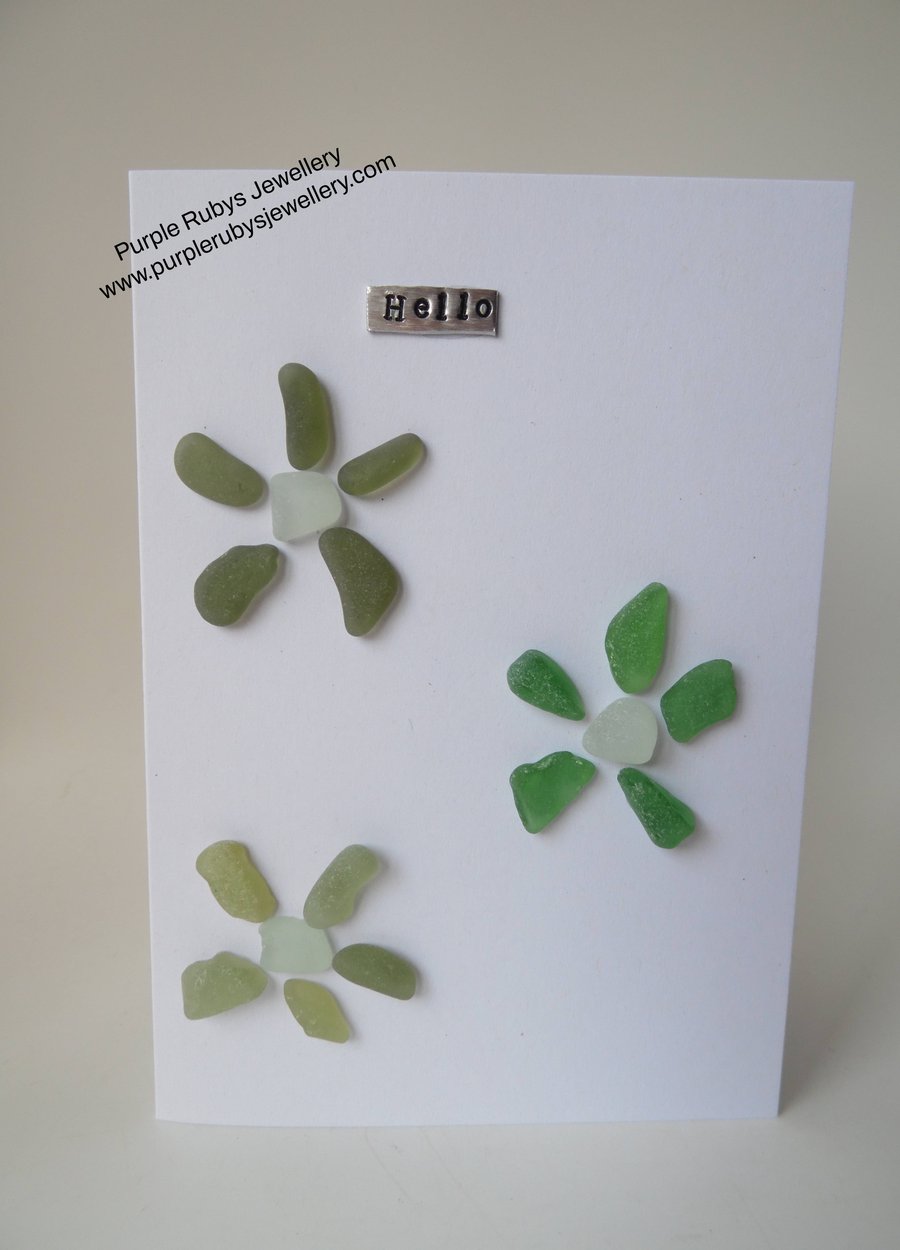 Trio of Green Sea Glass Flowers 'Hello' Card C255
