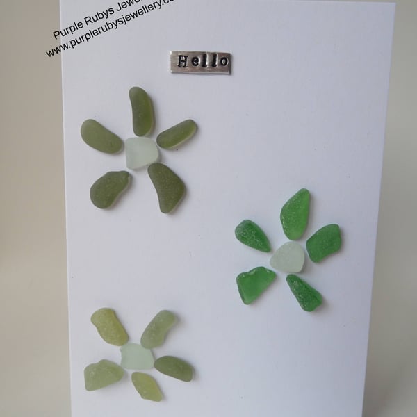 Trio of Green Sea Glass Flowers 'Hello' Card C255