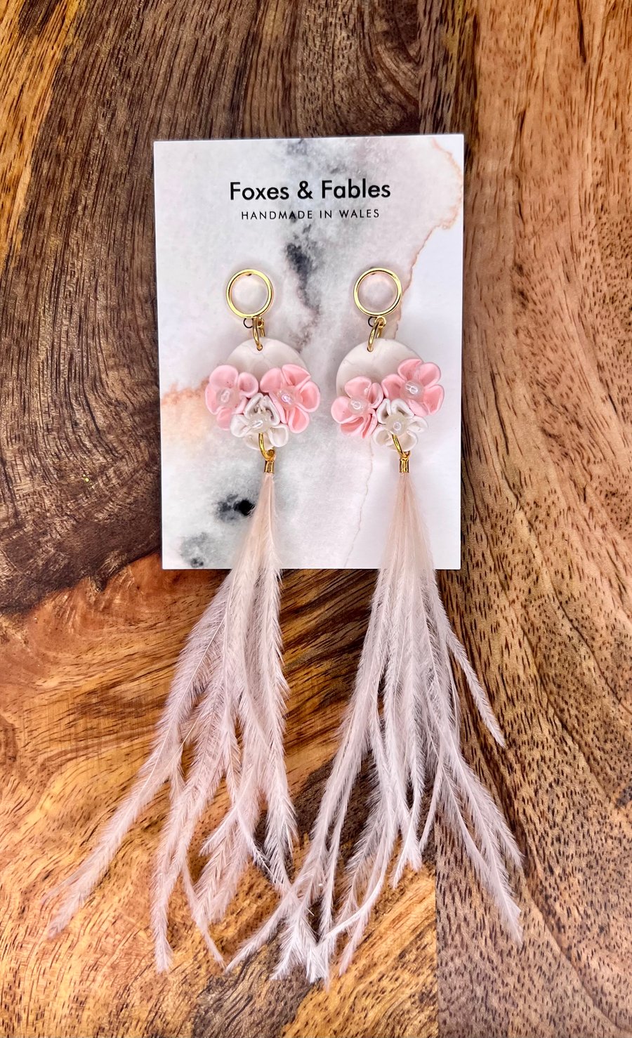 Statement Flower Earrings with Blush Feathers