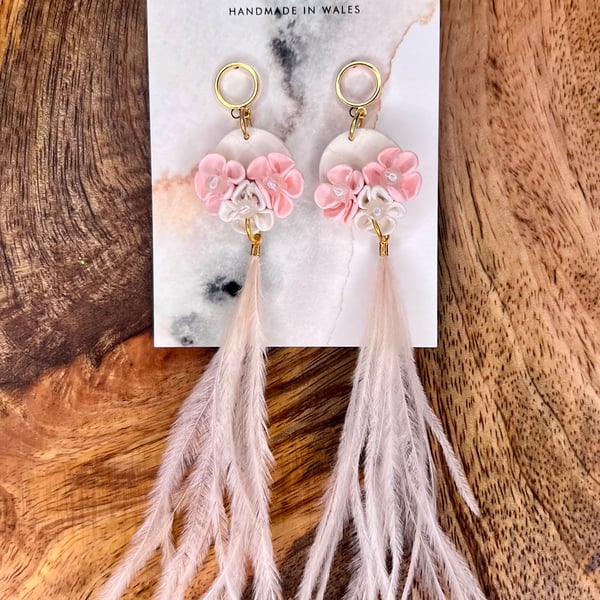 Statement Flower Earrings with Blush Feathers