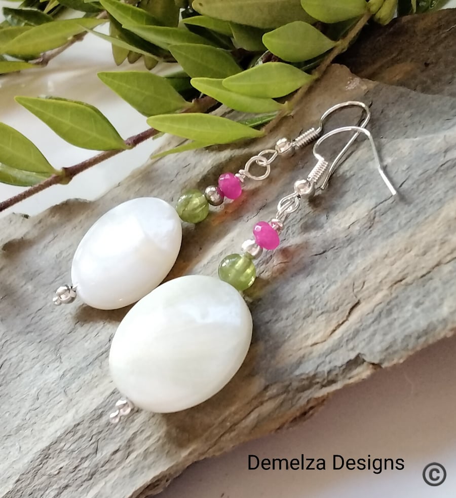 Large Coin Cut Mother of Pearl, Peridot & Quartzite  Earrings Silver Plate