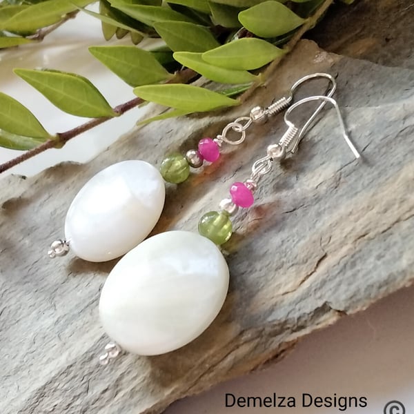 Mother of Pearl, Peridot & Quartzite  Earrings Silver Plate