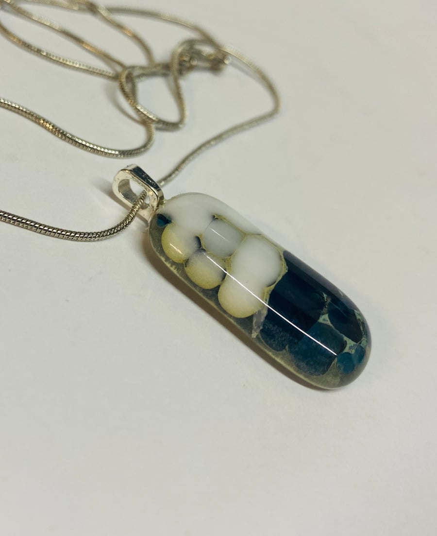 Beautiful Handmade Cream and Navy Fused Glass Pendant 