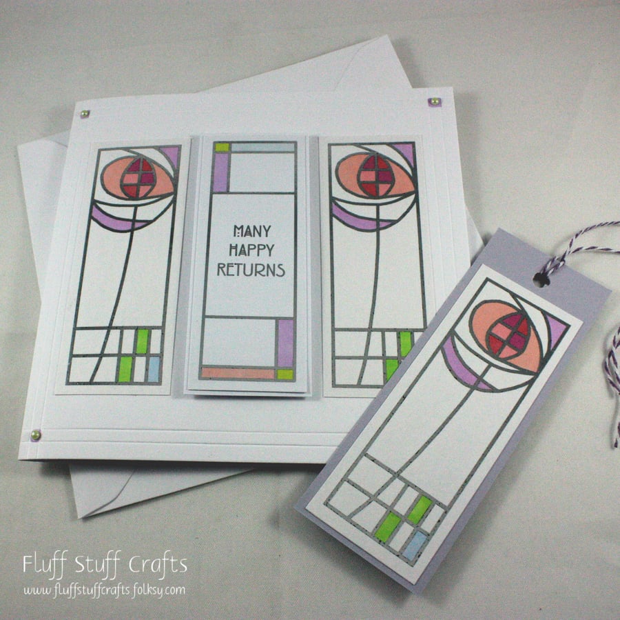 Rennie Mackintosh style birthday card with matching gift tag