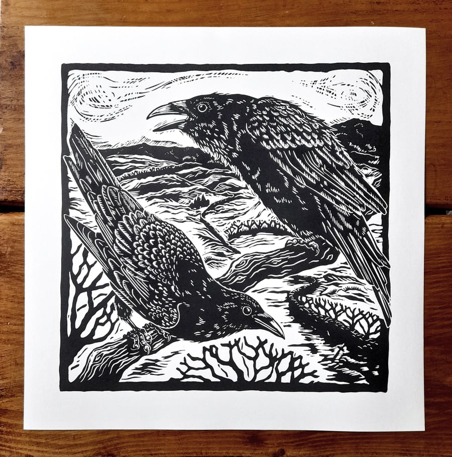 Twa Corbies - lino print of two ravens in Scottish landscape