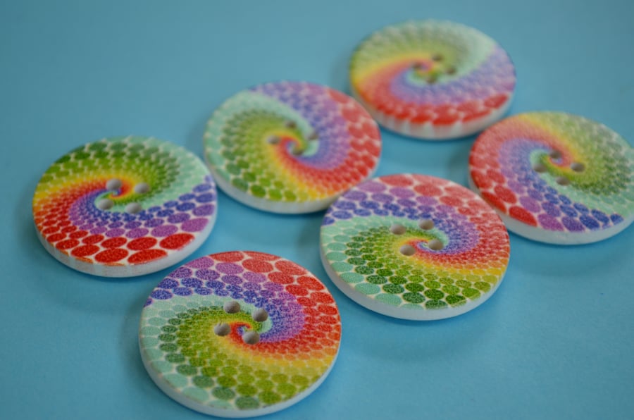 30mm Wooden Rainbow Swirl Buttons 6pk Large Colourful Button (RSW3)