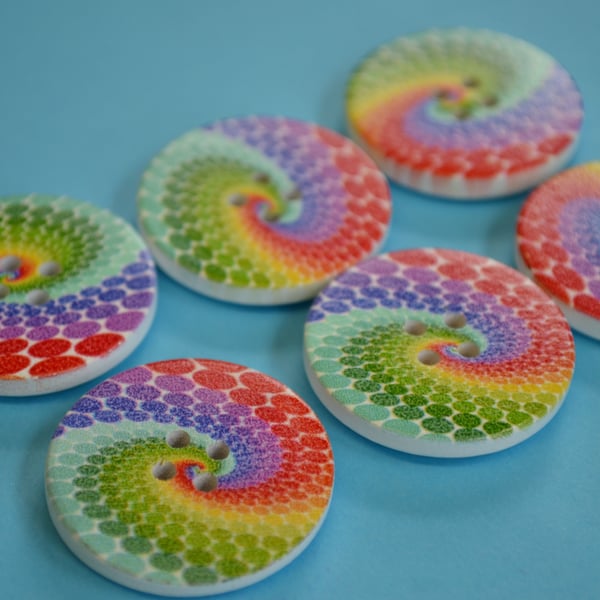 30mm Wooden Rainbow Swirl Buttons 6pk Large Colourful Button (RSW3)