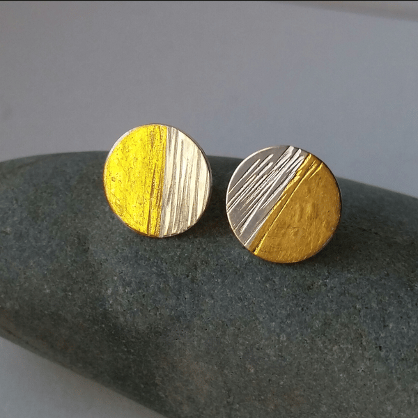 Contemporary  Handmade Textured Round Silver Stud Earrings With Gold. Large. 
