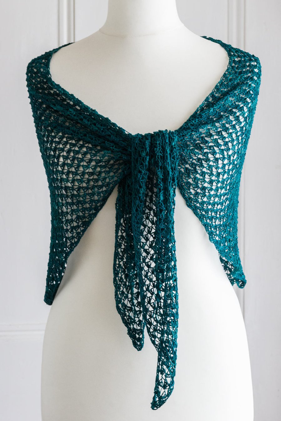 Crochet silk shawl, made with a hand dyed pure mulberry silk in jewelled green
