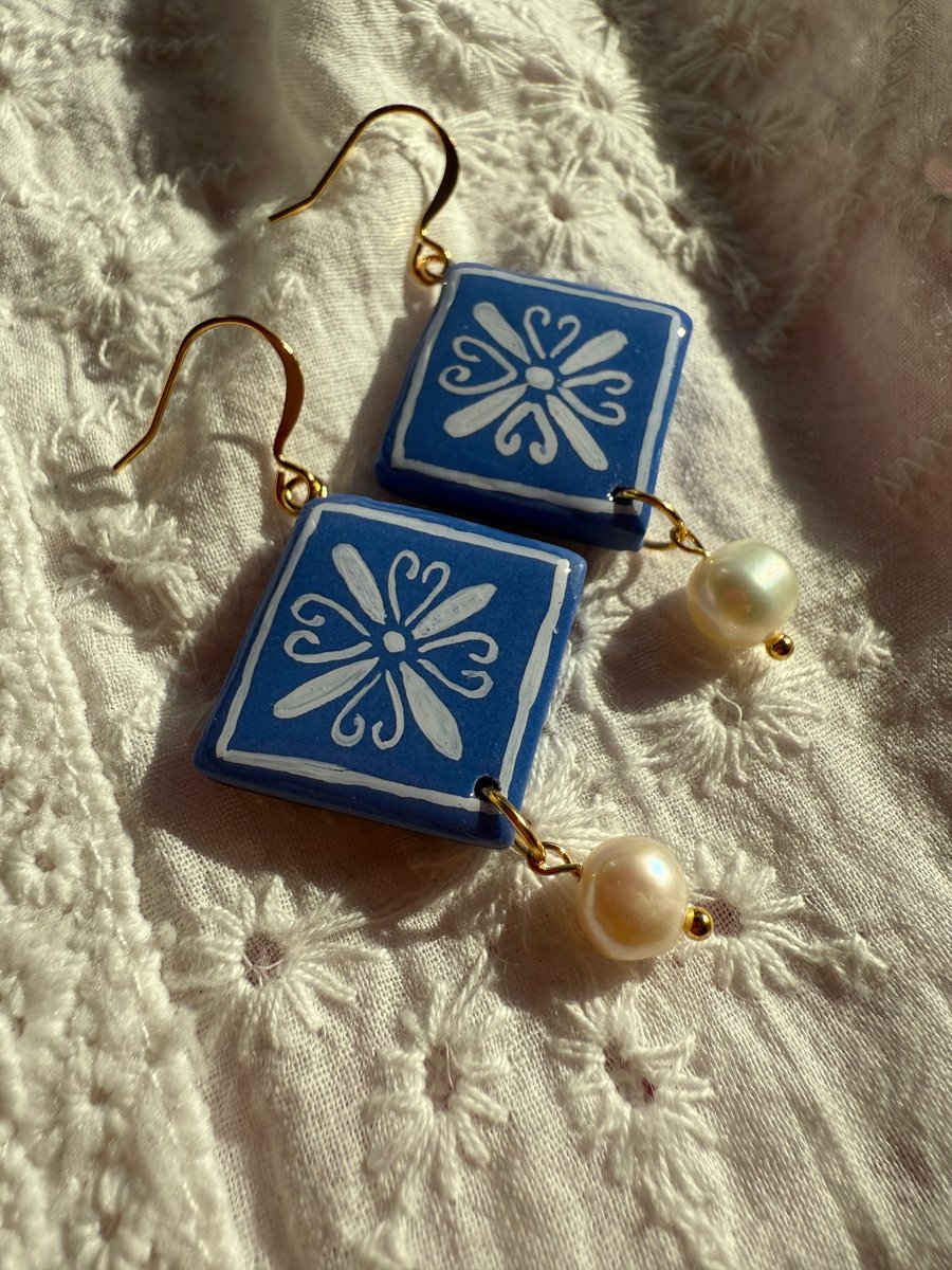 Blue Tile Earrings with Pearls – Hand Painted 