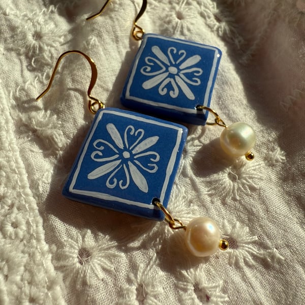 Blue Tile Earrings with Pearls – Hand Painted 