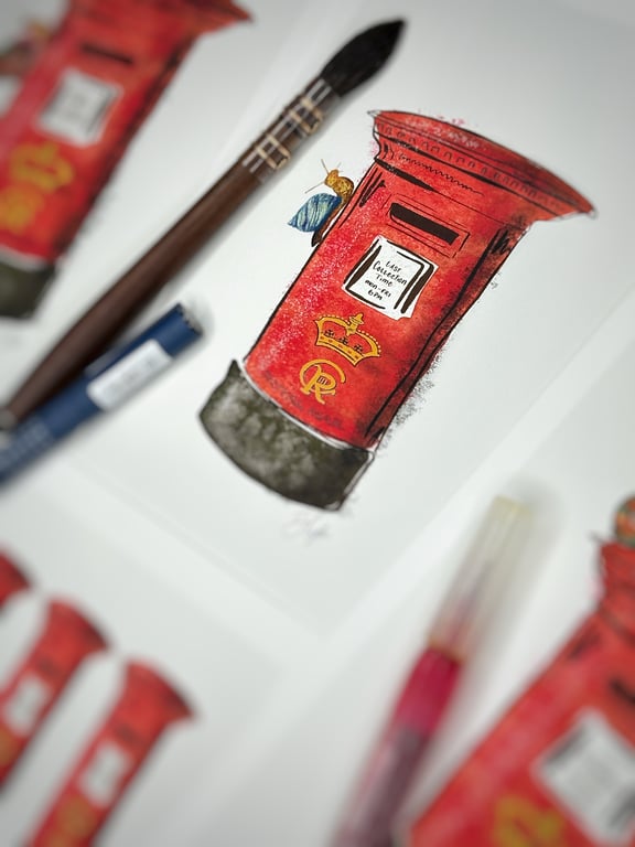 Hand Finished Watercolour Art Print - Royal Blue Snail Mail Box 