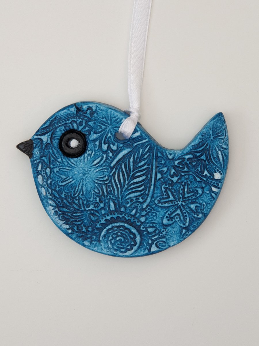 Clay bird hanging decoration, blue bird