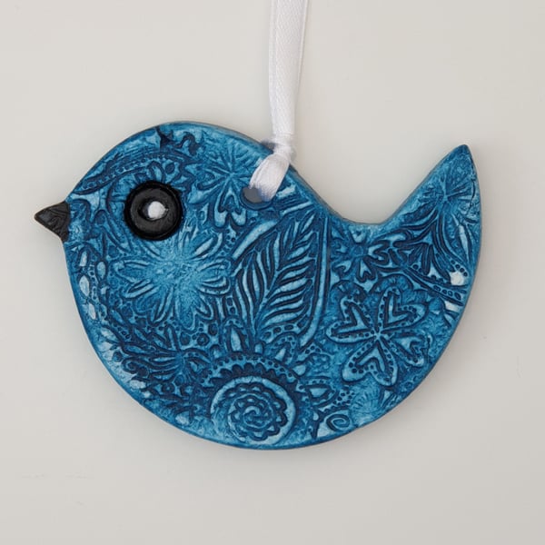 SECONDS SUNDAY SALE clay bird hanging decoration, blue bird