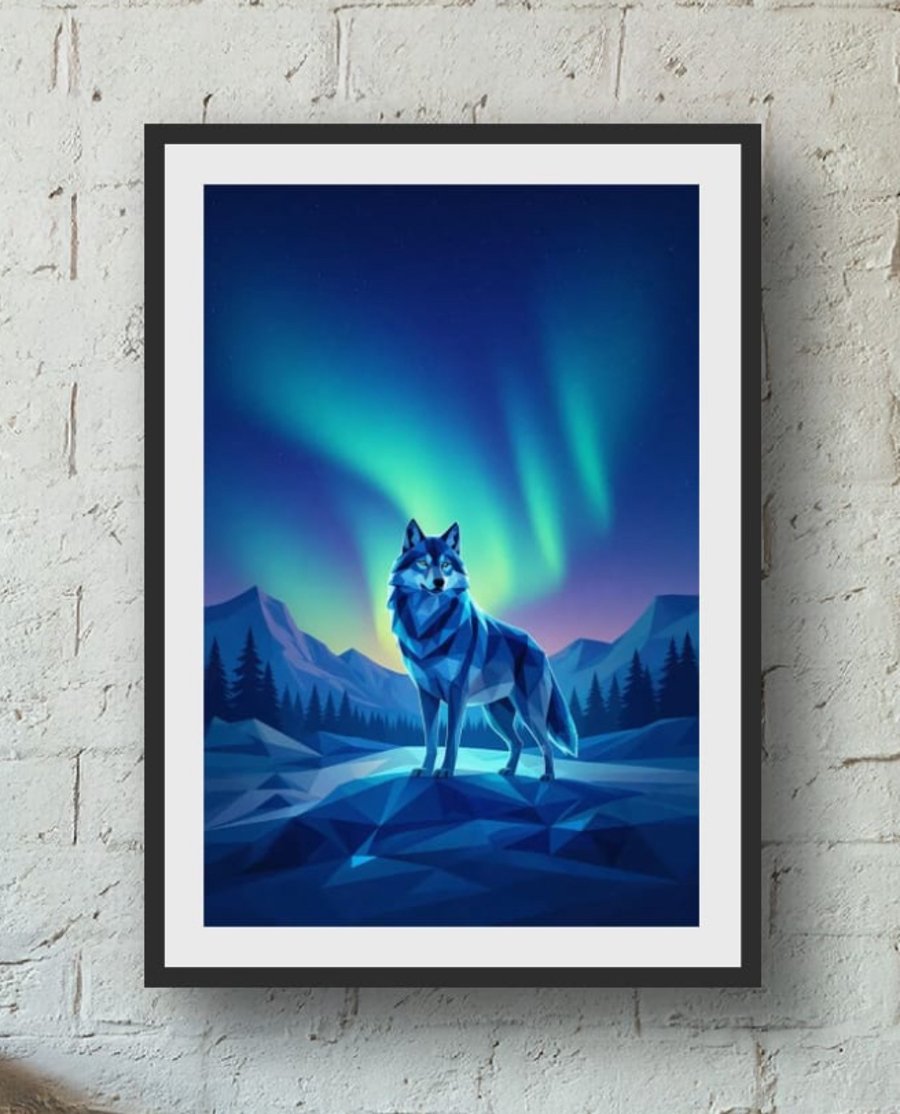 Wolf Under Northern Lights Digital Download – Printable Wall Art 300 DPI