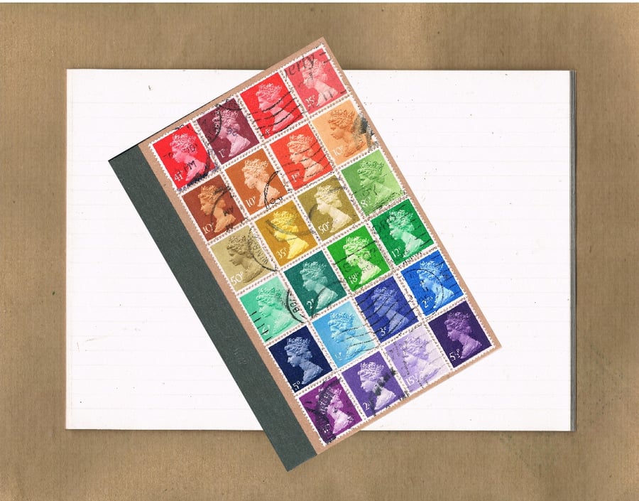 Recycled Rainbow Notebook - Upcycled British postage stamps, mail art journal