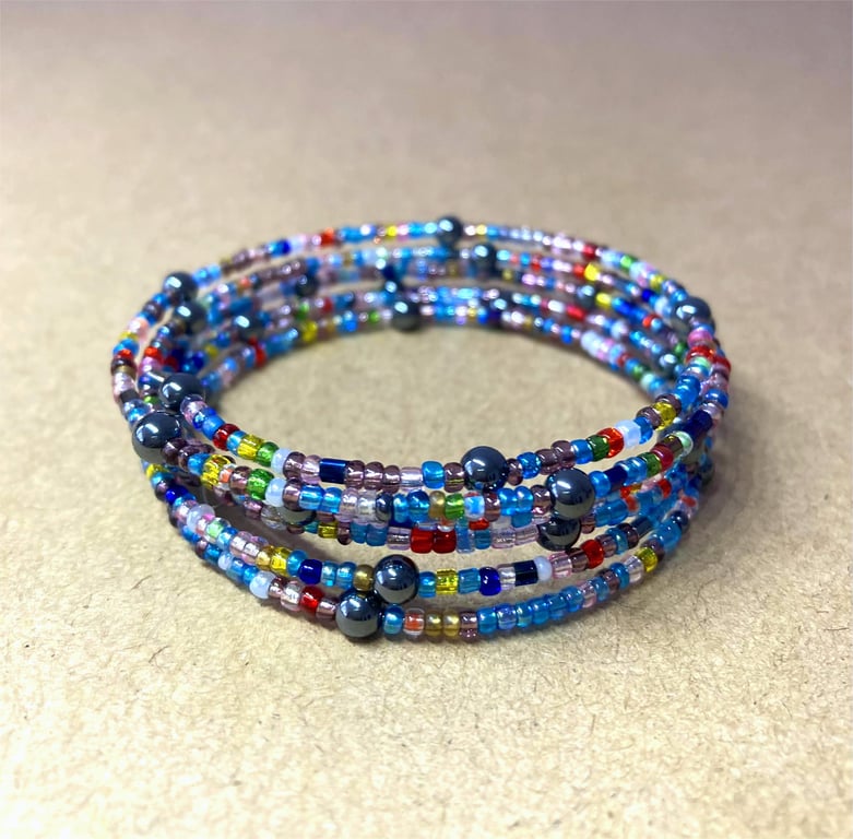 Trendy Multicolor Seed Beads - Hematite Semi Precious Stone Beads - Memory Wire 