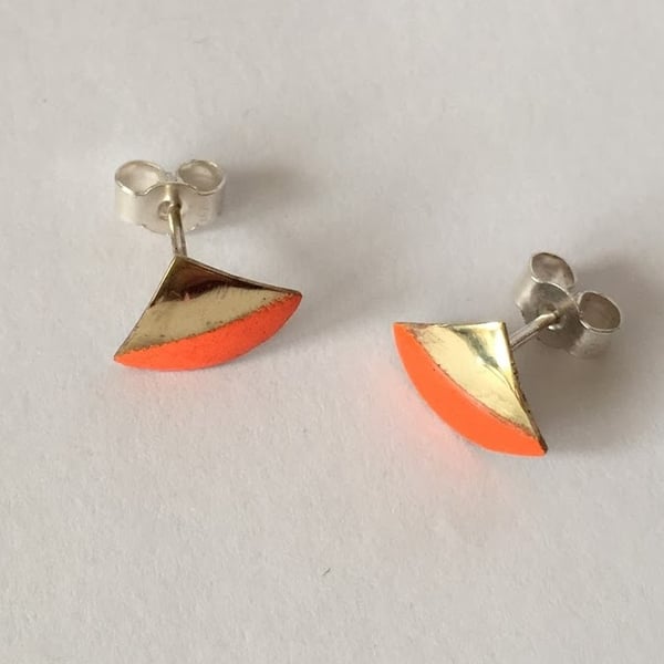 Brass & Neon Orange Enamel Stud Earrings