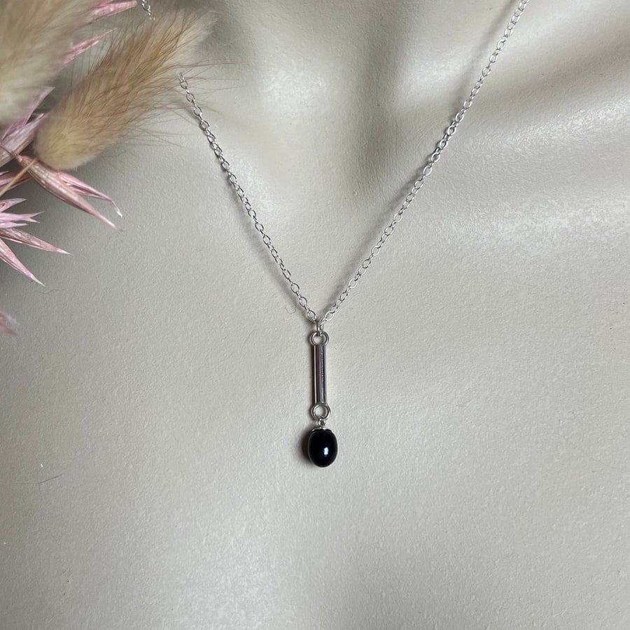 Petrol Blue Pearl Bar Pendant & 18" Trace Chain - Handmade, Sterling Silver