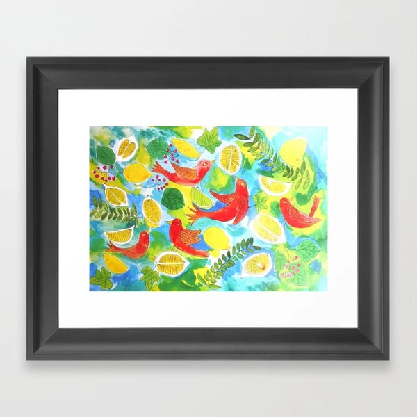 A3 Lemons and Quirky Orange Birds Print of 240 gsm paper, card