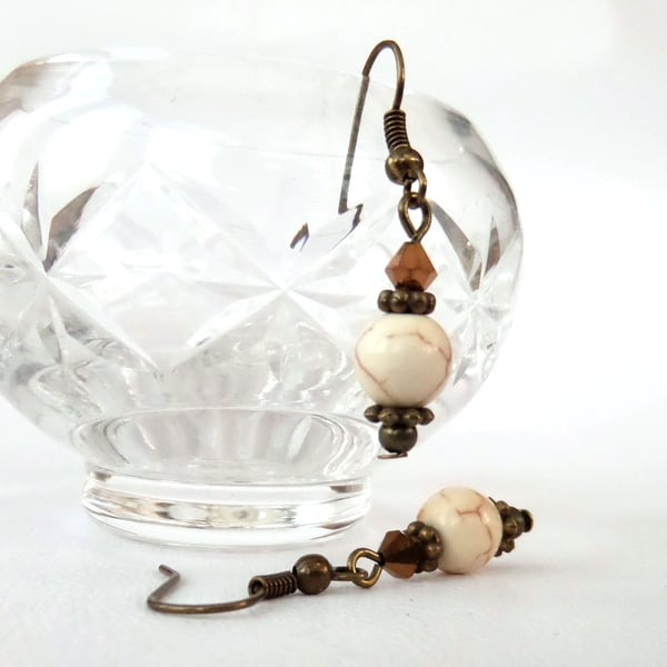 Vintage style earrings, handmade with magnesite & copper crystal