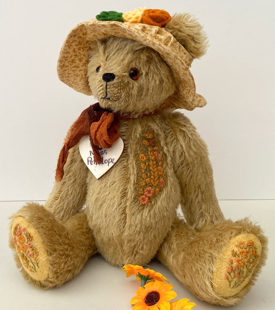 Traditional teddy bear, hand embroidered one of a kind collectable artist bear