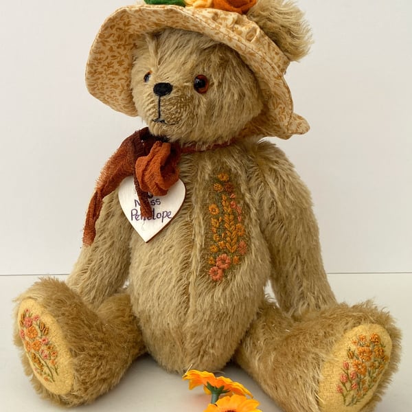 Traditional teddy bear, hand embroidered one of a kind collectable artist bear
