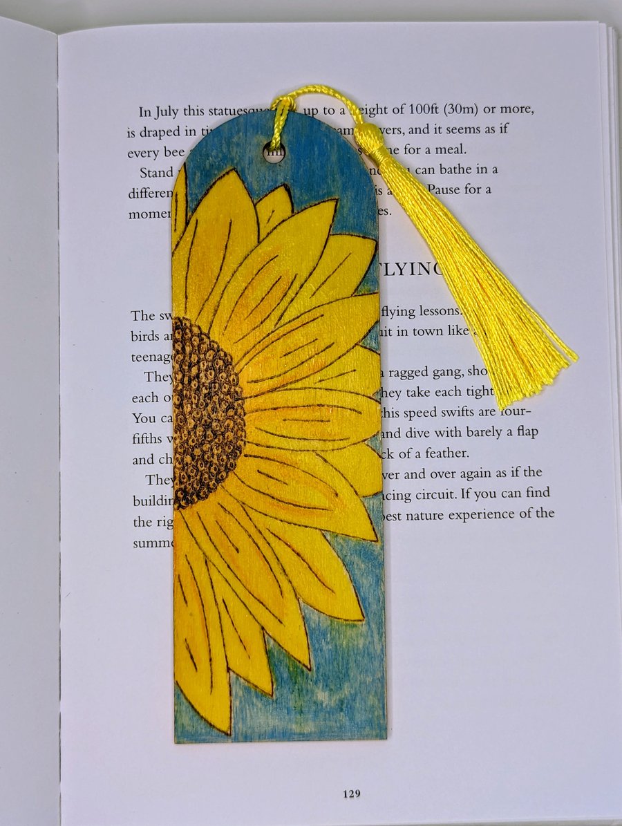 Wooden bookmark with pyrography sunflower, Mothers Day gift