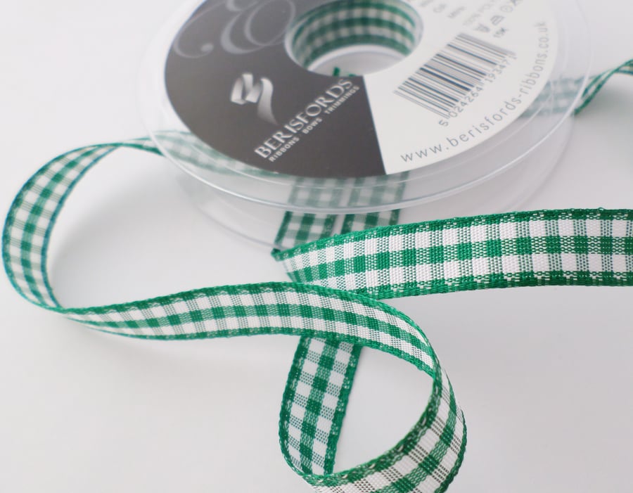 Berisfords Green Gingham ribbon 10mm wide x 2 metres 