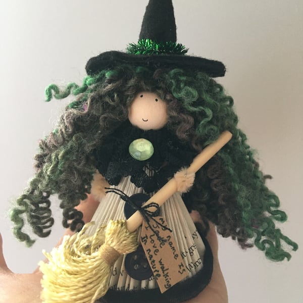 Witch Fairy Doll Decoration - Folded Book Art - Green