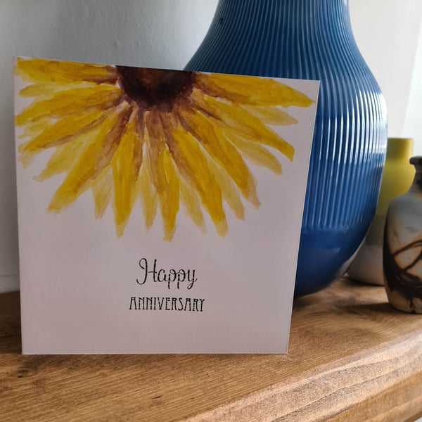 Yellow sunflower anniversary card handpainted watercolour 