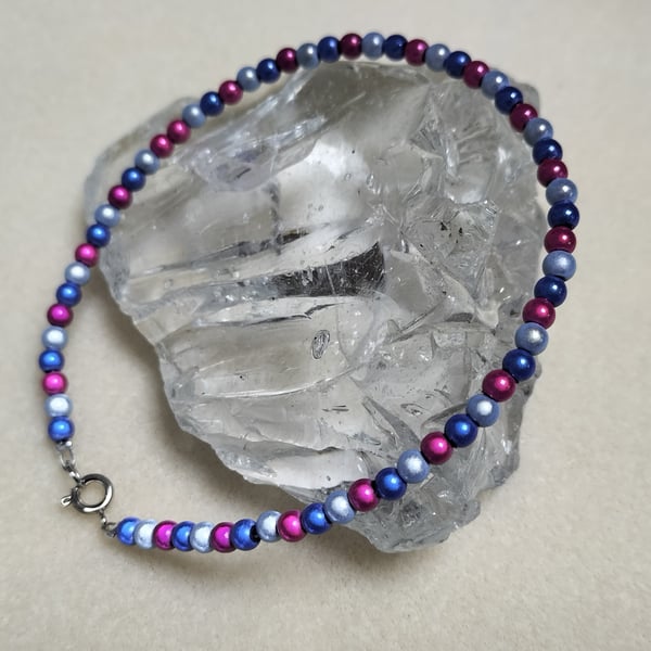 AL123 Pink, blue and silver miracle bead anklet with clasp, 9.5"