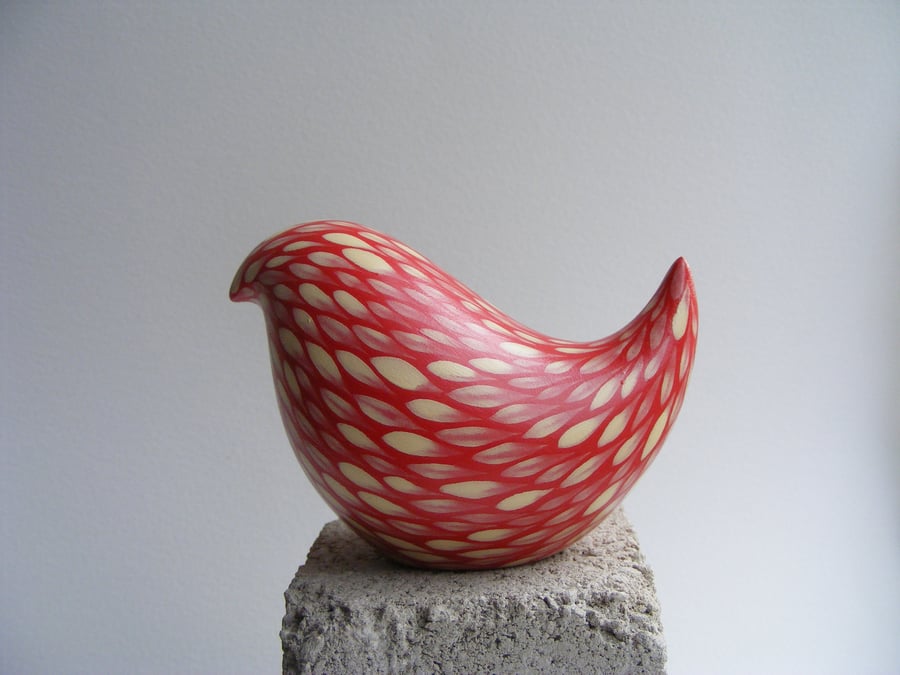 Cream on red, hand painted bird (E)