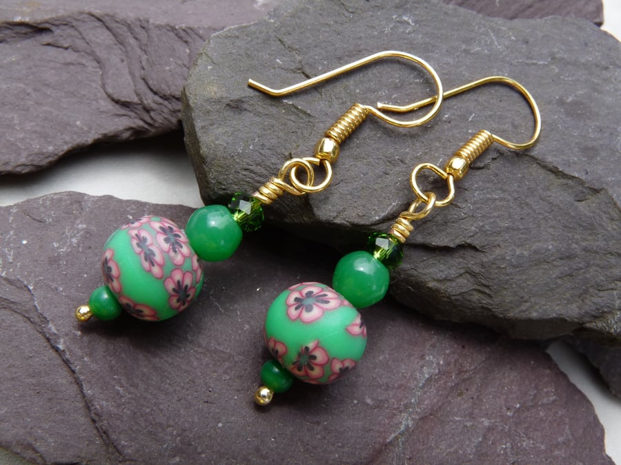 Green & Pink Flower Polymer Clay Beaded Earrings, Boho Festival Earrings 