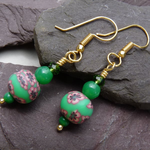 Green & Pink Flower Polymer Clay Beaded Earrings, Boho Festival Earrings 