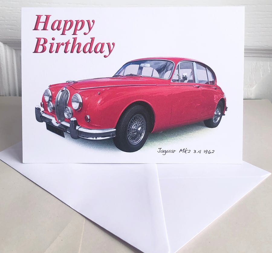 Jaguar Mk2 3.4 1962 (Red) - Birthday, Anniversary, Retirement or Plain Card