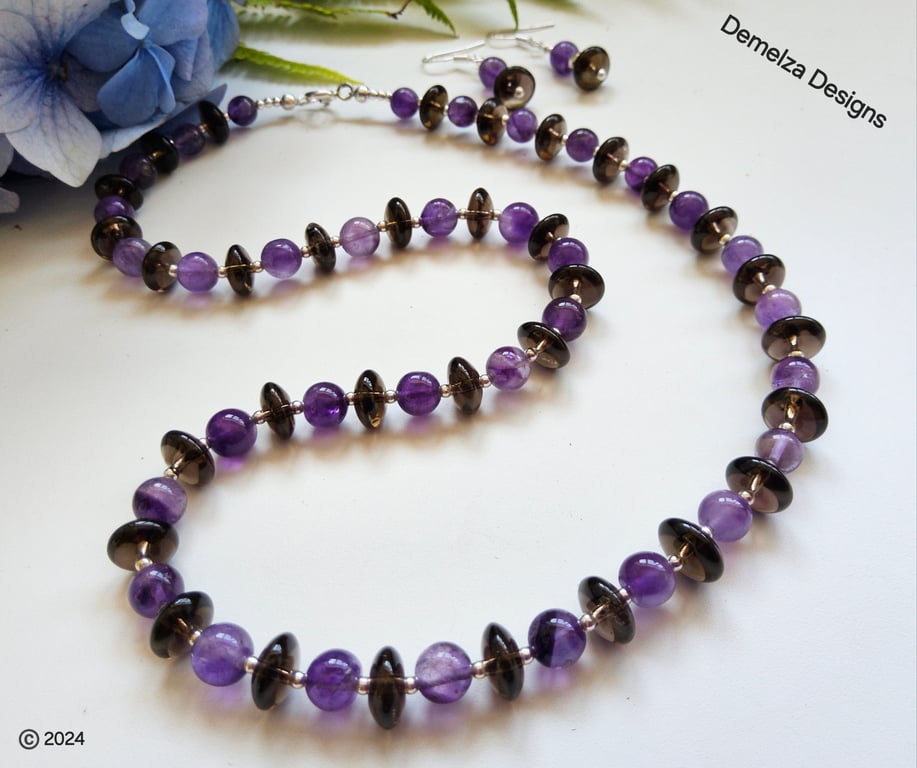 Designer Smokey Quartz & Amethyst Sterling Silver Necklace & Earrings Set