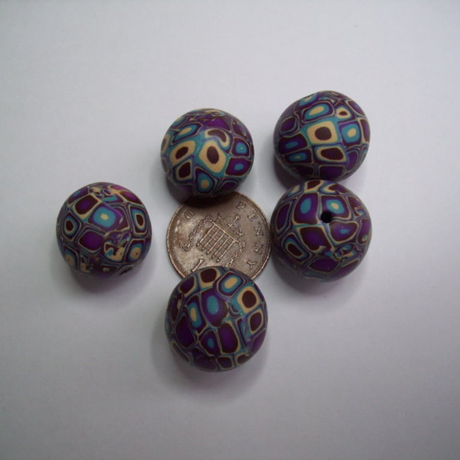 Round Art Beads - Plum Kaleidoscope x 5