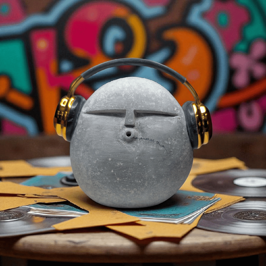 DJ Stone Face Sculpture with headphones, hand carved 