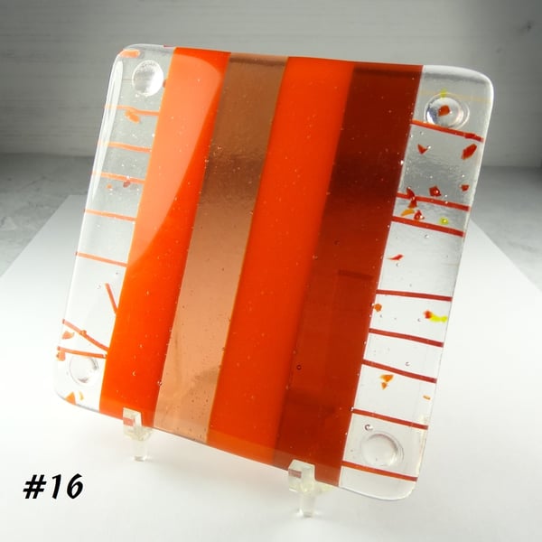 Handcrafted fused glass orange striped coaster, with bumper feet, 9cm (16)