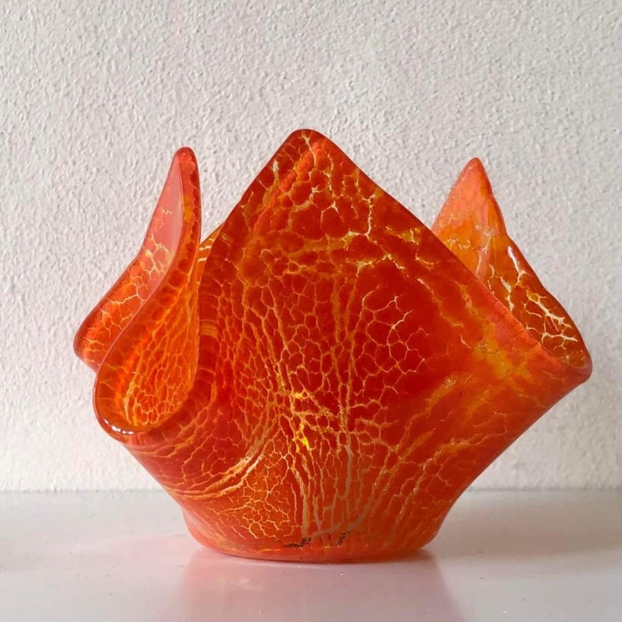 Fused glass tealight candle holder vase, orange crackle