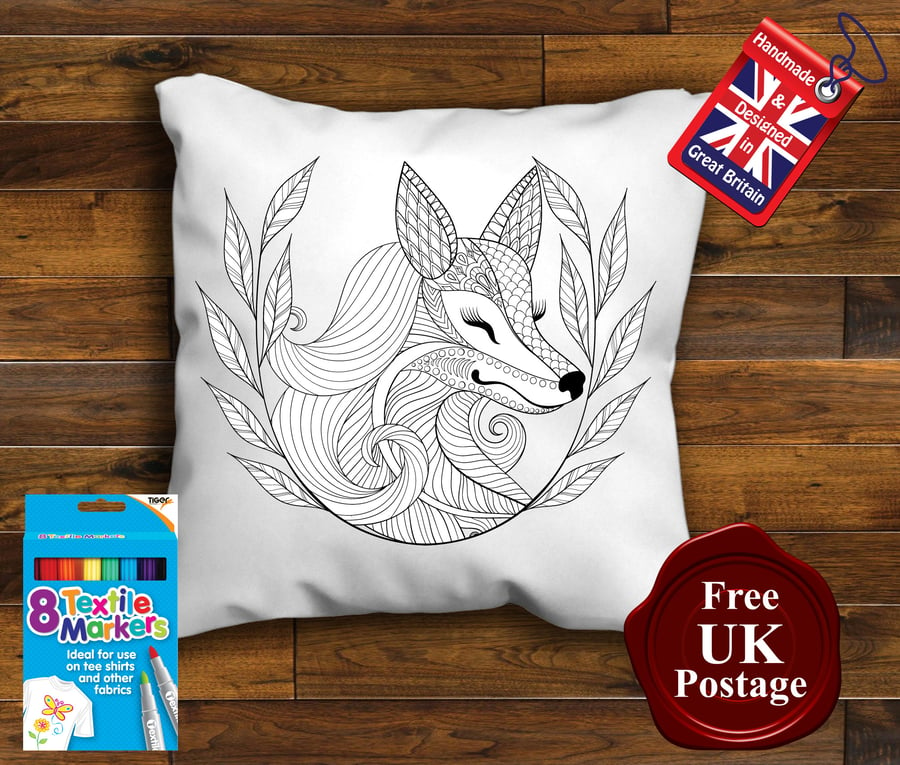 Fox Colouring Cushion Cover, With or Without Fabric Pens Choose Your Size