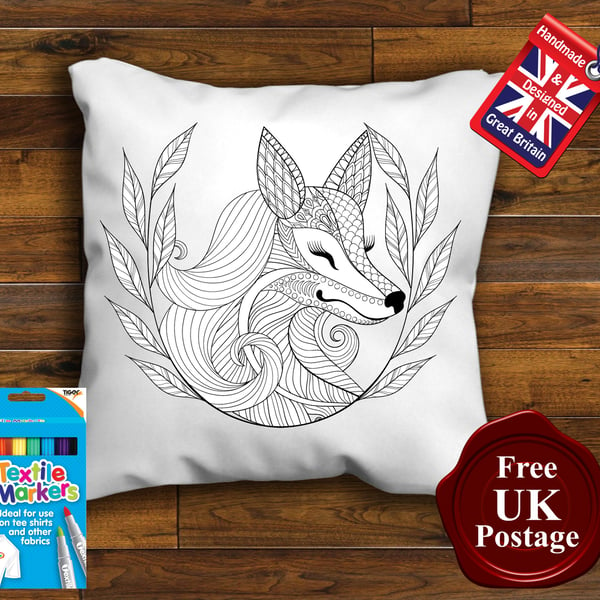 Fox Colouring Cushion Cover, With or Without Fabric Pens Choose Your Size