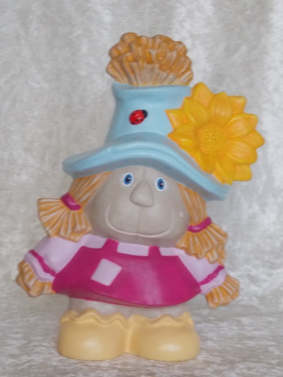 Ceramic Hand Painted Girl Scarecrow In Pink Dress & Blue Hat Figurine Ornament.