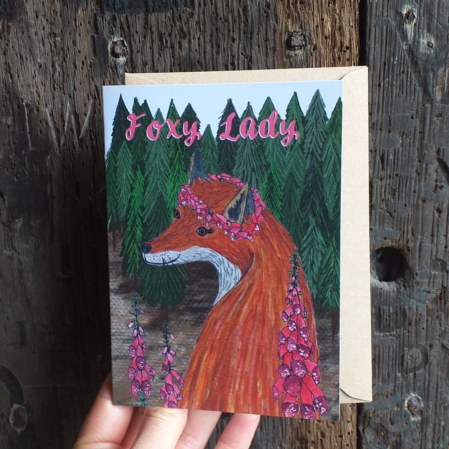 Foxy Lady Greeting Card. A vixen in foxgloves by Alice Draws The Line, blank ins